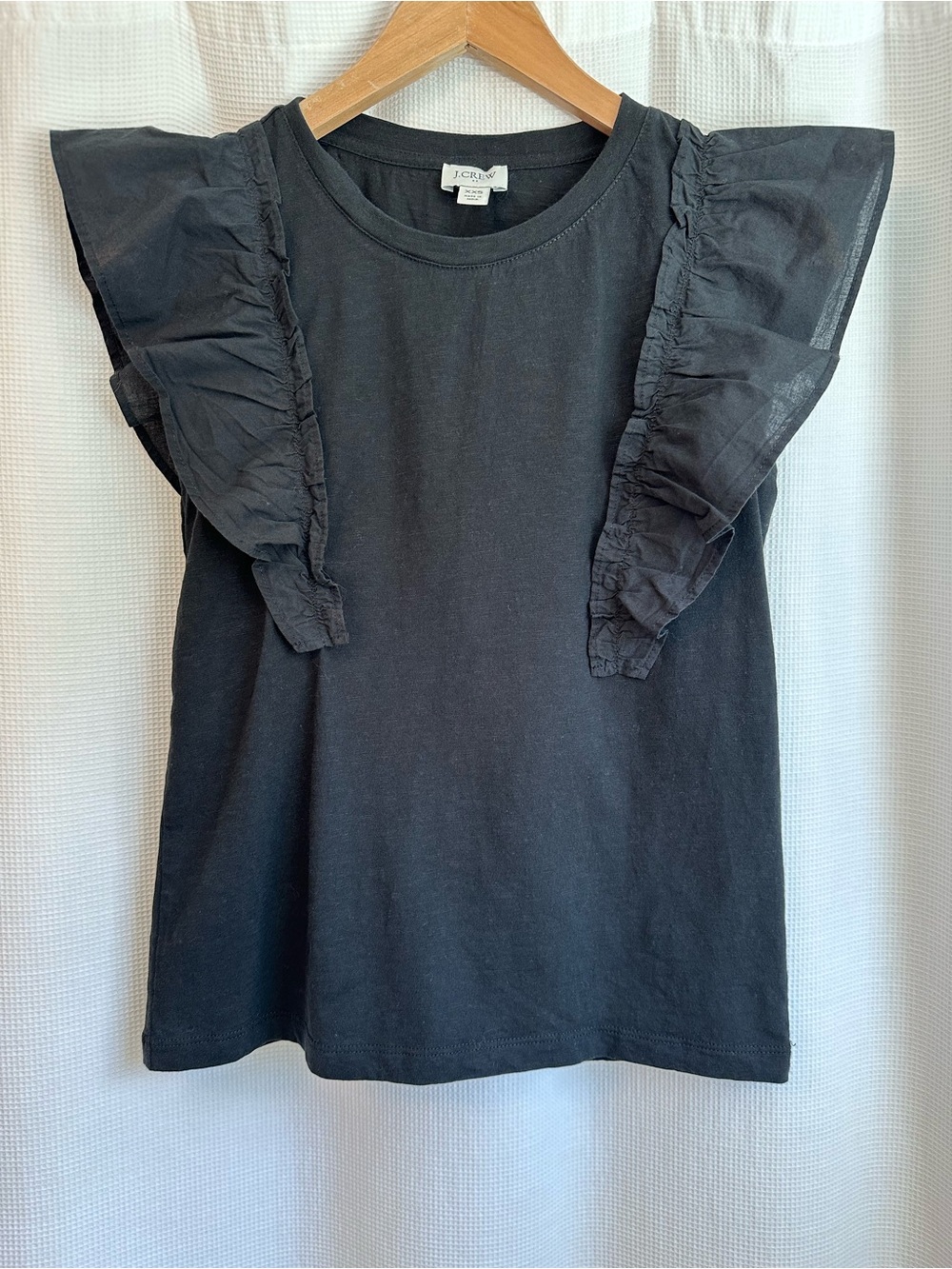 J. Crew Black Crewneck Tee with Ruffle Sleeves, XXS, NWOT